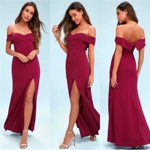 Lulus Off Shoulder Burgundy Formal Gown | Side Slit Bridesmaid Prom Dress